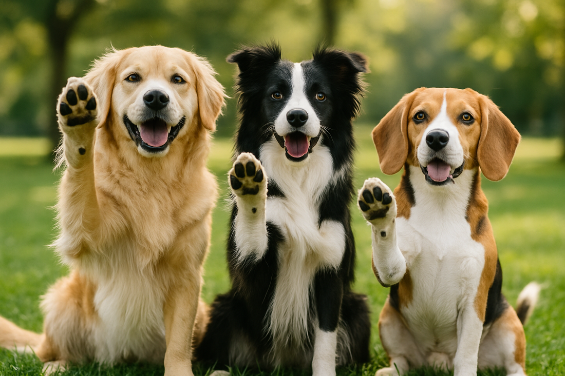 Generate a realistic image of dogs waving hands at us