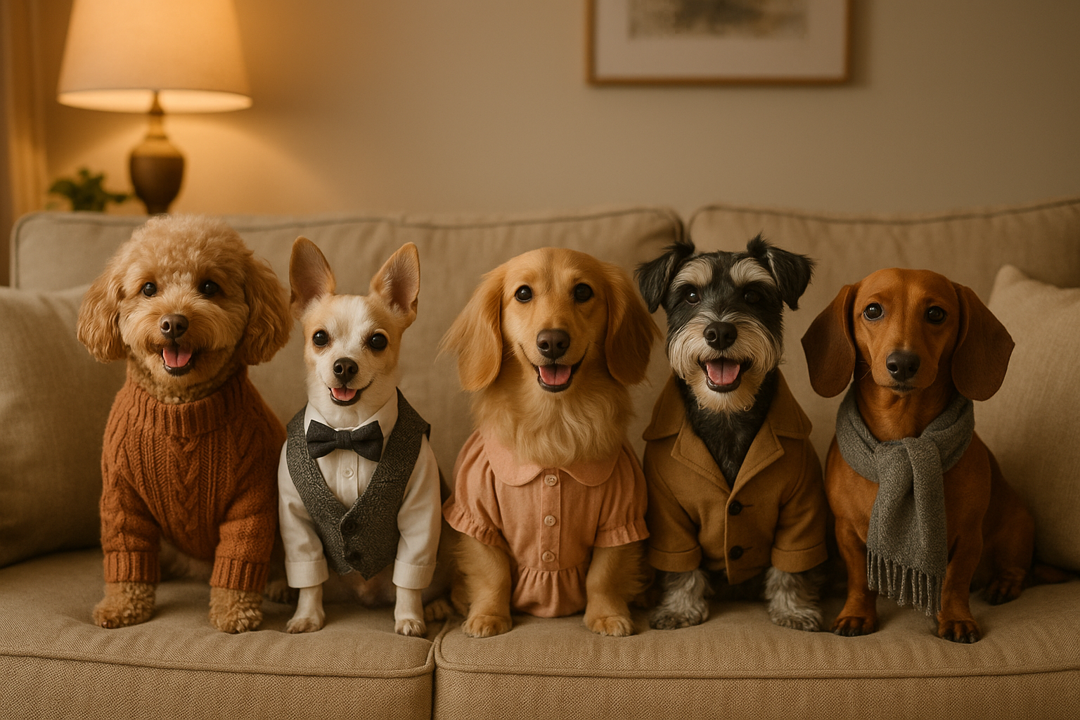 need an image of 5 dogs sitting on a couch with nice clothings