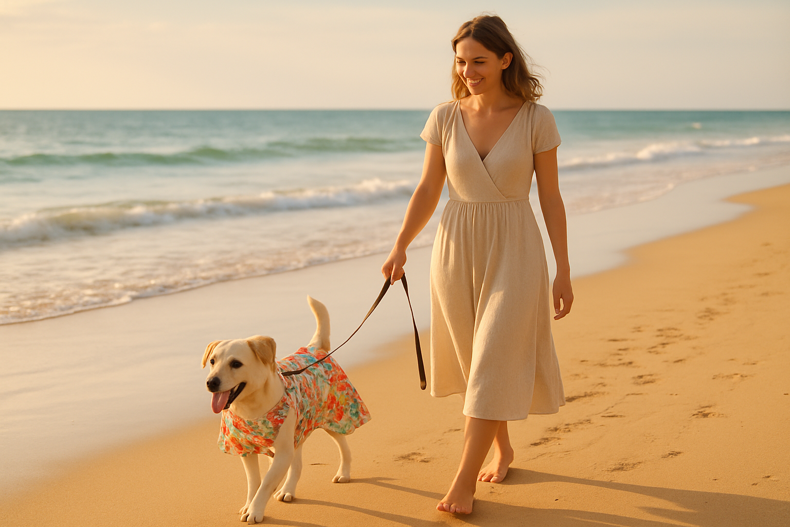 need an image of lady walking her dog on the beach in nice dress for the dog
